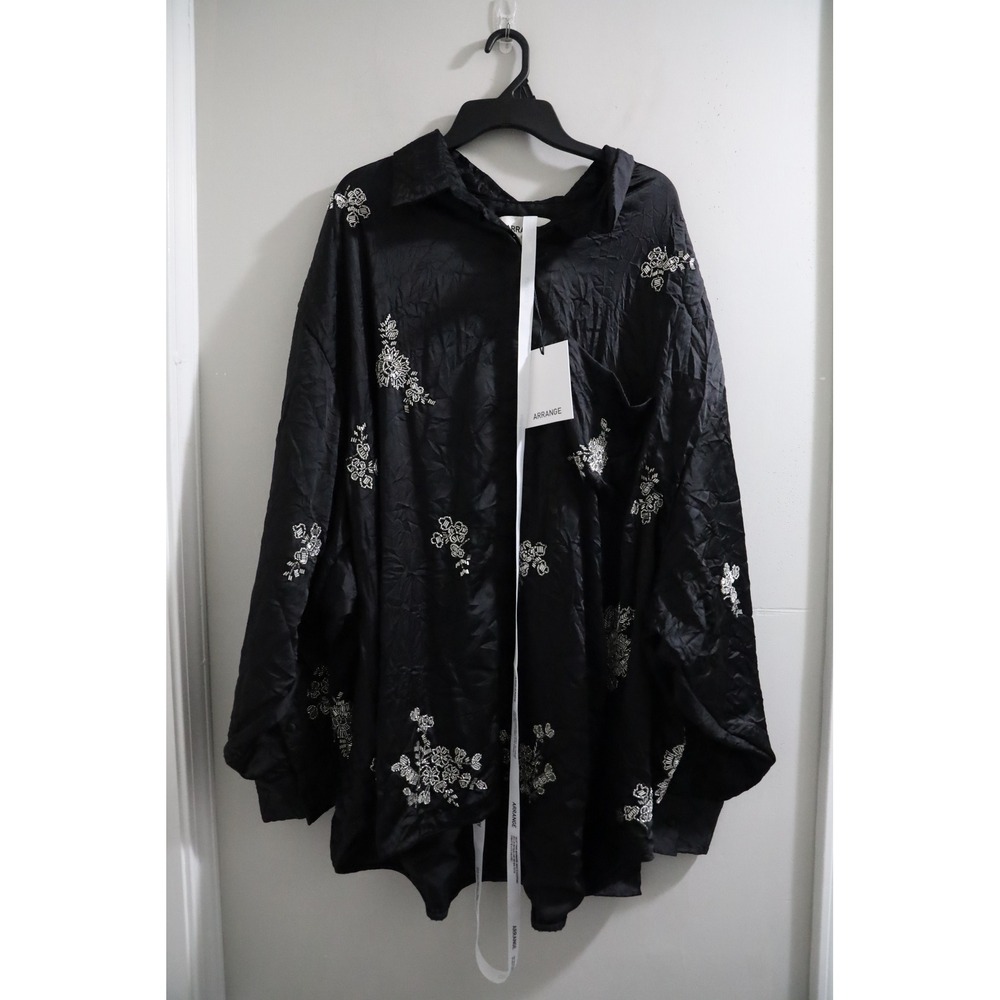 Arrange Black Crinkle Satin Beaded Floral Oversized Button Down SHIRT Plus 24